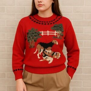 Charter Club Red Sweater with Dog and Tree Design